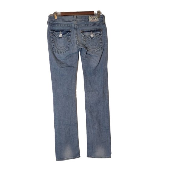 True Religion World Tour Embellished Denim Blue Jeans Flap Pocket Size 27 Women - Picture 2 of 9